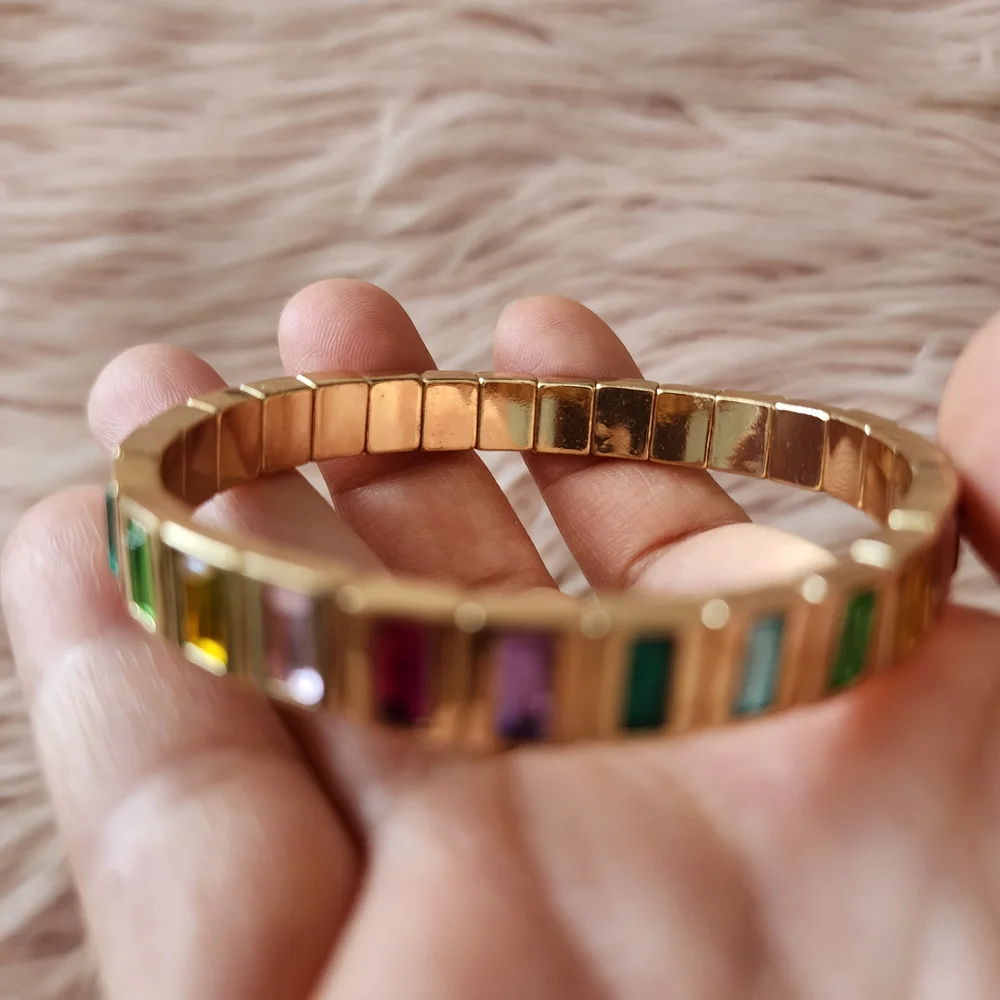 Vibrant Rainbow Rhinestone Bracelet Gold Tone Baguette Crystal Stretch Jewelry